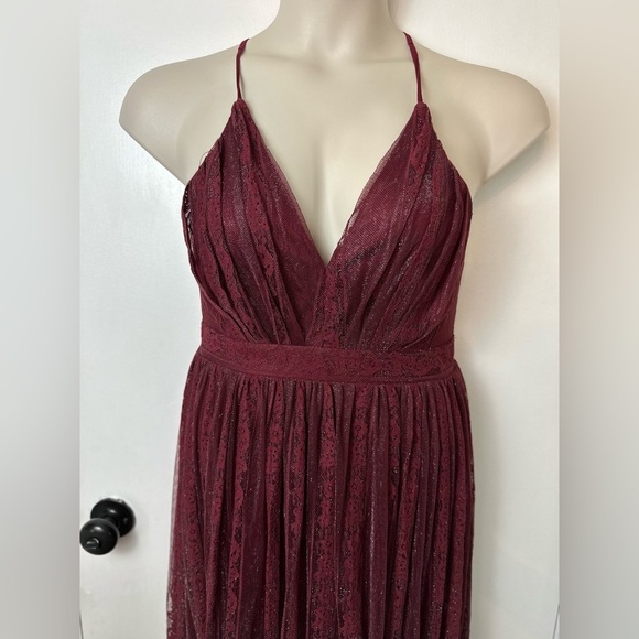 Burgundy Maxi Dress V-neck spaghetti straps pleated design with lace M #1525 - Picture 9 of 12